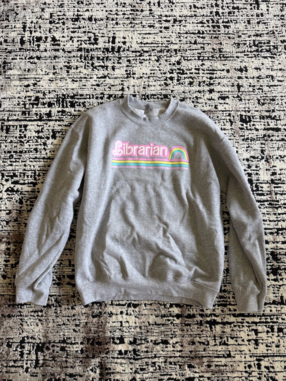 Gray 'Librarian' Crewneck Sweatshirt with Rainbow Graphic